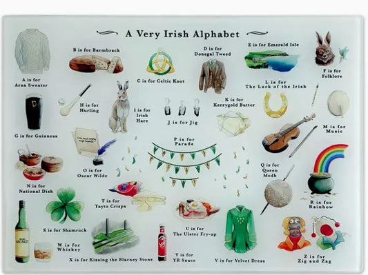 Glass Cutting Board - Irish Alphabet