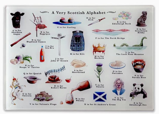 Glass Cutting Board - Scottish Alphabet